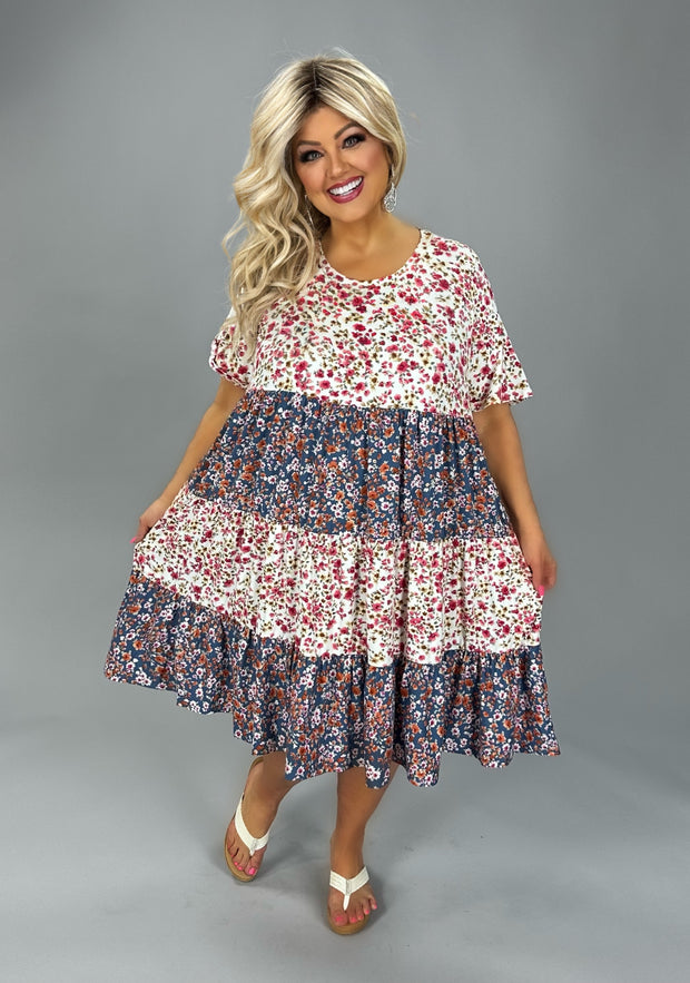 43 CP {Day Dreams} Ivory Blue Floral Contrast Dress PLUS SIZE 1X 2X 3X