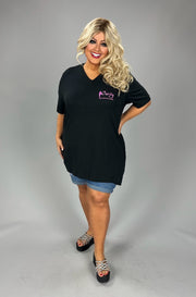 GT-V {CURVY Logo} Black/Pink V-Neck Cotton T-Shirt