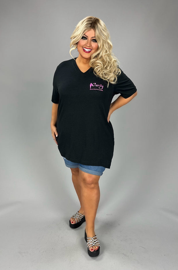 GT-V {CURVY Logo} Black/Pink V-Neck Cotton T-Shirt