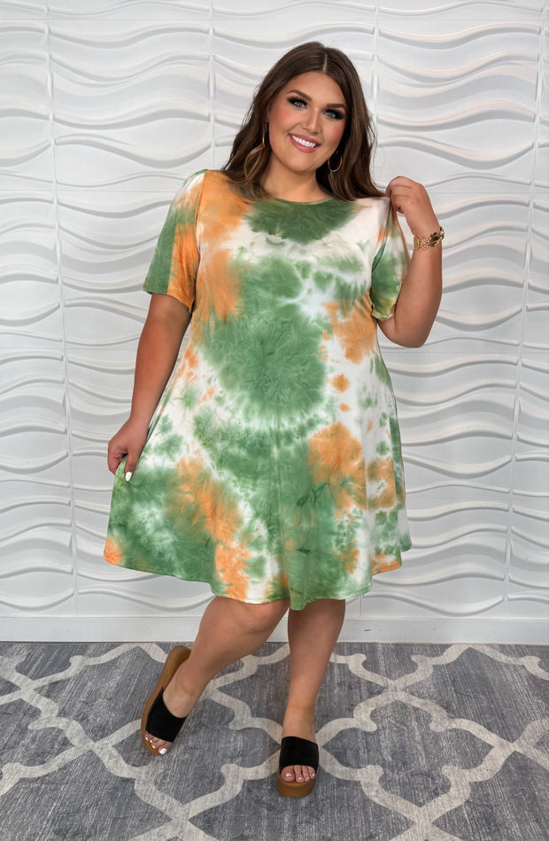 81 PSS-B {Color My Town} Green Tie Dye Dress W/Pockets  PLUS SIZE 1X 2X 3X