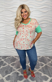 80 CP-P {Finding Myself} Mint Green Floral V-Neck Top PLUS SIZE 1X 2X 3X