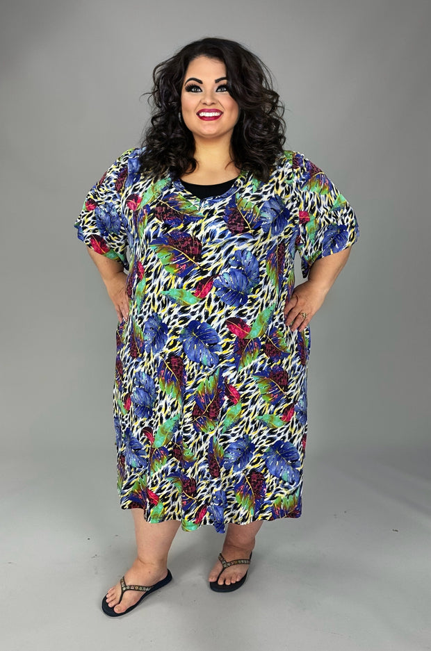 50 PSS {Let It Go} Blue Leaf Print V-Neck Dress EXTENDED PLUS SIZE 3X 4X 5X