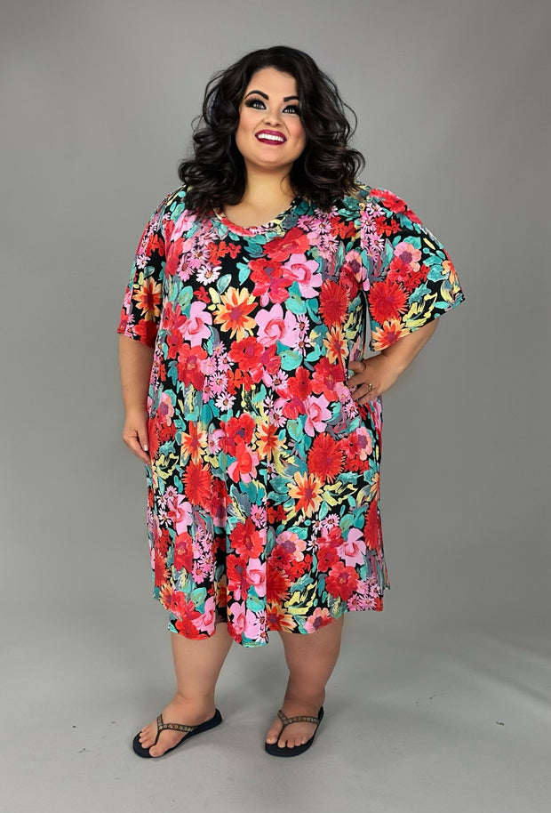 44 PSS {Garden Charm} Black PInk Floral V-Neck Dress EXTENDED PLUS SIZE 3X 4X 5X