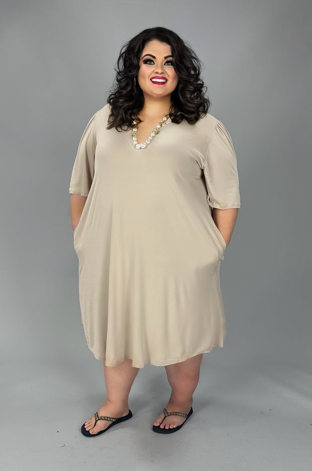 40 SSS {Need Time} Taupe V-Neck Dress With Pockets EXTENDED PLUS SIZE 3X 4X 5X