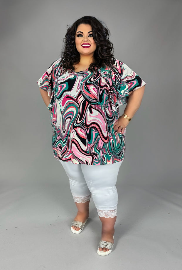 45 PSS {Swirl Envy} Teal/Pink Swirl Print V-Neck Top EXTENDED PLUS SIZE 4X 5X 6X