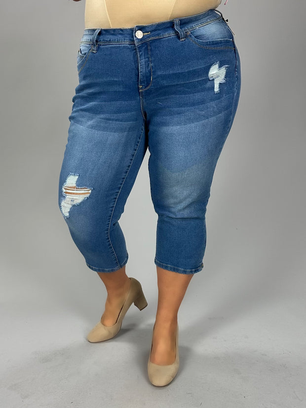 LEG-61 {Royalty For Me} Med. Blue Ripped Capri Jeans   PLUS SIZE 14 16 18 20 22 24
