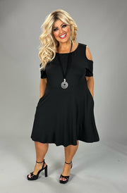 OS {Win Me Over} Black Cold Shoulder Dress w/Pockets CW PLUS SIZE 1X 2X