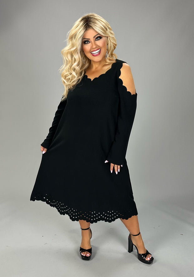 70 OS {Share The Love} Black Scalloped Edge Cold Shoulder Dress CW PLUS SIZE 2X 3X