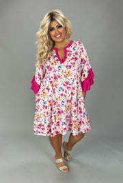 33 CP-B {Flowers Speak To Me} Fuchsia Floral Ruffle Sleeve Dress PLUS SIZE XL 2X 3X