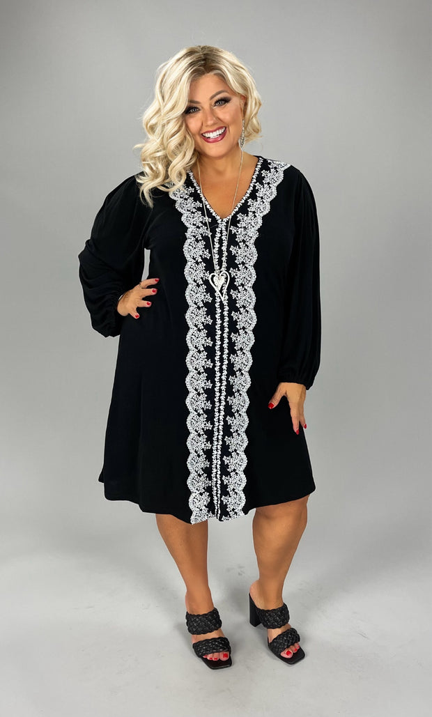 59 SD  {Showstopper} Black V-Neck Dress w/Lace Contrast PLUS SIZE 1X 2X 3X