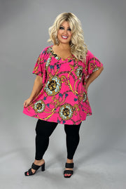100 PSS {Emphasis On Gold} Fuchsia Gold Print V-Neck Top EXTENDED PLUS SIZE 2X 3X 4X  TRUE TO SIZE!!