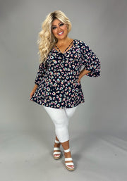 14 PLS {Trying My Best} Navy/Pink/Teal Leopard V-Neck Top