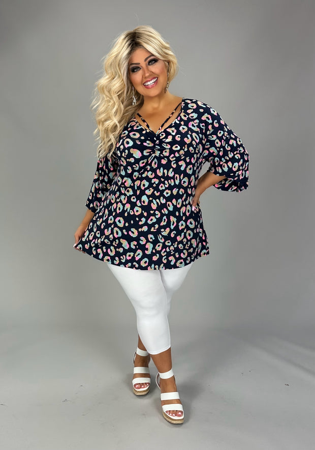 14 PLS {Trying My Best} Navy/Pink/Teal Leopard V-Neck Top