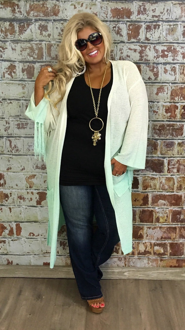 OT-Z {Until We Meet Again}  Ivory/Seafoam Green Knit Cardigan W/ Fringe Detail  PLUS SIZE XL 1X 2X