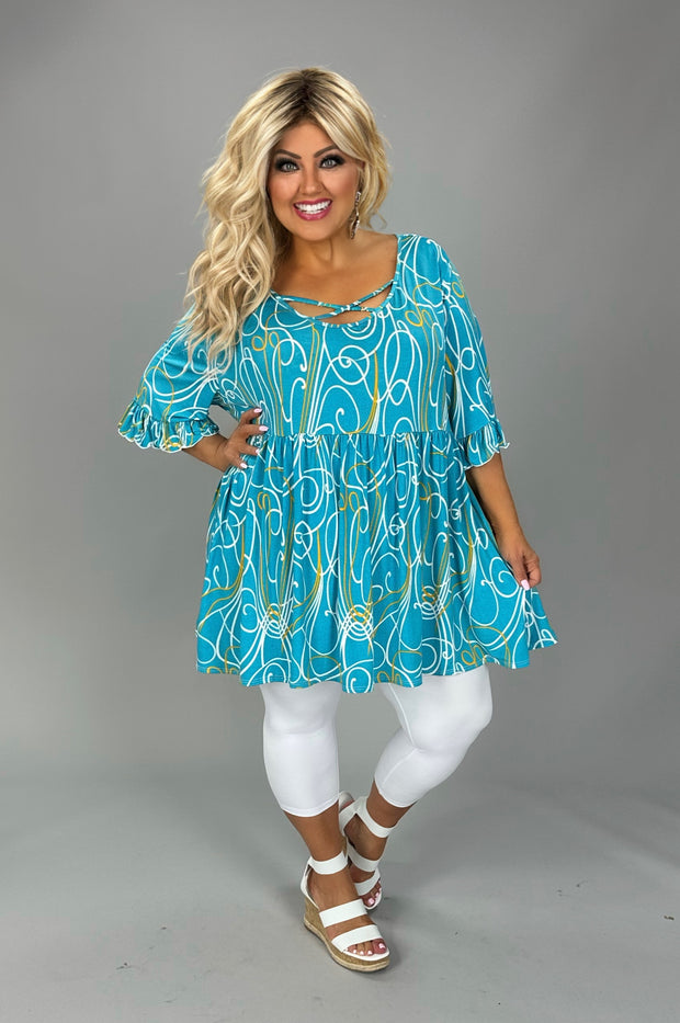 45 PSS {Afternoon Bliss} Teal Blue Print Cross Neck Top EXTENDED PLUS SIZE 3X 4X 5X