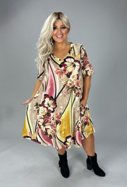 15 PSS-F {Show The World} Taupe/Pink Floral V-Neck Dress EXTENDED PLUS SIZE 3X 4X 5X