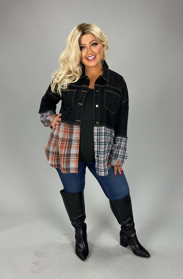 45  OT {Midnight Wish} Black Denim Plaid Print Jacket PLUS SIZE XL 2X 3X