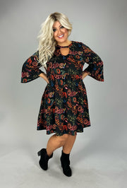 28 PQ-B {Scripted Style} Black Print Keyhole Babydoll Dress PLUS SIZE XL 2X 3X