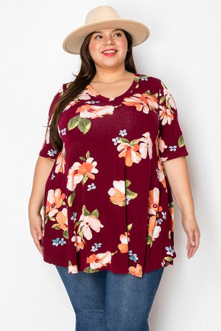 33 PSS {Sweet Memory} Burgundy Coral Flower Print V-Neck Top EXTENDED PLUS SIZE 3X 4X 5X