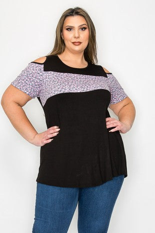 100 OS {Living In Joy} Black Purple Floral Cold Shoulder Top EXTENDED PLUS SIZE 2X 3X 4X  TRUE TO SIZE!!