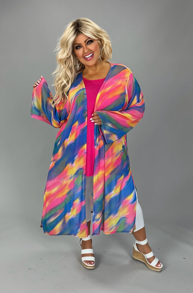59 OT {Delicate Beauty} Blue/Pink /Yellow Tie Dye Duster PLUS SIZE XL 2X 3X