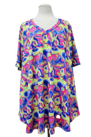 39 PSS {A Perfect Day} Blue Fuchsia Yellow Print V-Neck Top EXTENDED PLUS SIZE 3X 4X 5X