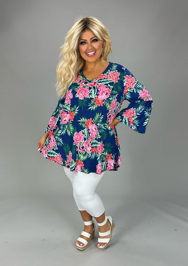 17 PQ-E {Paradise Has Arrived} Navy Floral V-Neck Top PLUS SIZE XL 2X 3X