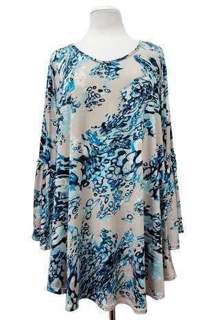 44 PQ {Be Like That} Taupe Blue Print Bell Sleeve Top EXTENDED PLUS SIZE 3X 4X 5X