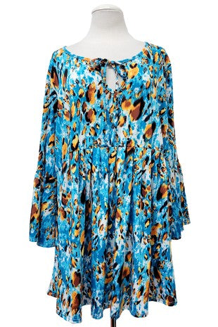 47 PQ {Look Your Best} Teal Leopard Tie Neck Babydoll Top EXTENDED PLUS SIZE 3X 4X 5X