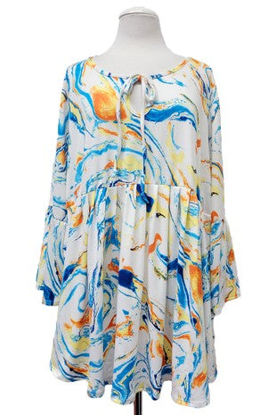 48 PQ {Art Inspired} White Blue Orange Swirl Tie Neck Top EXTENDED PLUS SIZE 3X 4X 5X