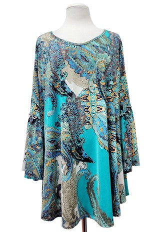 49 PQ {Talk To Me} Turquoise Large Paisley Print Bell Sleeve Top EXTENDED PLUS SIZE 3X 4X 5X