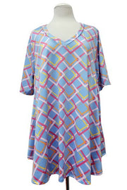 51 PSS {Made A Promise} Blue Square Print V-Neck Top EXTENDED PLUS SIZE 3X 4X 5X