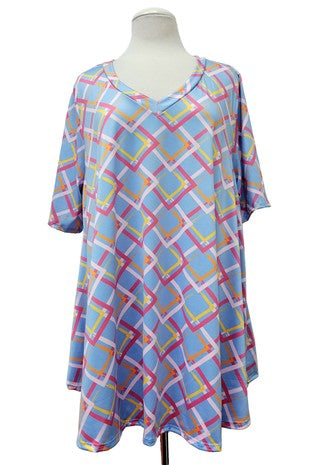 51 PSS {Made A Promise} Blue Square Print V-Neck Top EXTENDED PLUS SIZE 3X 4X 5X