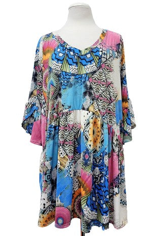 54 PSS {Sweet Harmony} Blue Multi Print V-Neck Top EXTENDED PLUS SIZE 3X 4X 5X