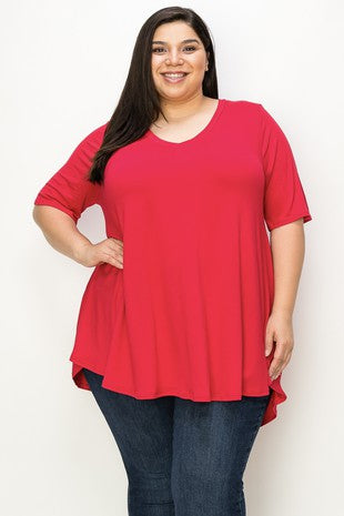 35 SSS {Red Hot} Red V-Neck Rounded Hem Top EXTENDED PLUS SIZE 3X 4X 5X