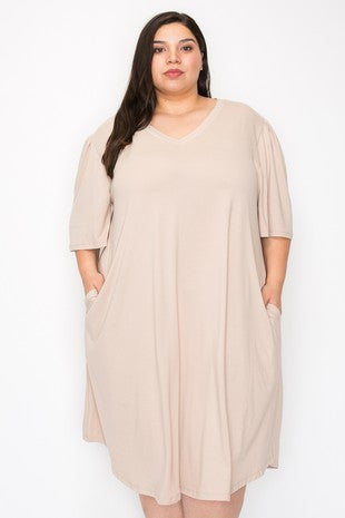 40 SSS {Need Time} Taupe V-Neck Dress With Pockets EXTENDED PLUS SIZE 3X 4X 5X