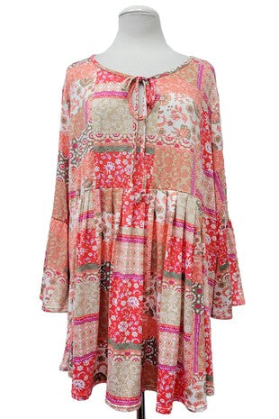 46 PSS {It's Not Over} Coral Patchwork Tie Neck Bell Sleeve Top EXTENDED PLUS SIZE 3X 4X 5X