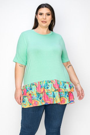 21 CP {Inspirational Feeling} Mint Multi Color Ruffle Hem Top EXTENDED PLUS SIZE 4X 5X 6X