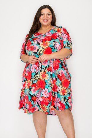 44 PSS {Garden Charm} Black PInk Floral V-Neck Dress EXTENDED PLUS SIZE 3X 4X 5X