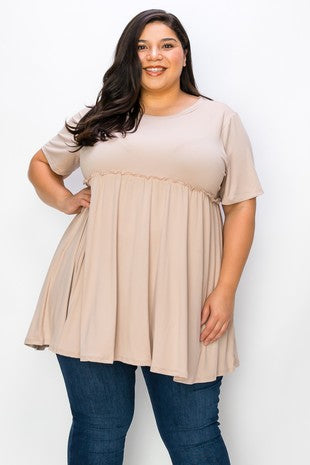 100 SSS {Chasing Dreams} Taupe Ruffle Babydoll Tunic EXTENDED PLUS SIZE 1X 2X 3X 4X 5X