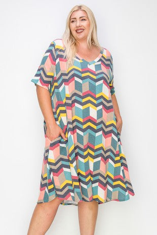 100 PSS {Don't Be Misunderstood} Teal Multi Chevron Dress EXTENDED PLUS SIZE 3X 4X 5X