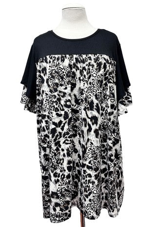 100 CP {Safari Chic} Black Leopard Contrast Layered Sleeve Top EXTENDED PLUS SIZE 3X 4X 5X