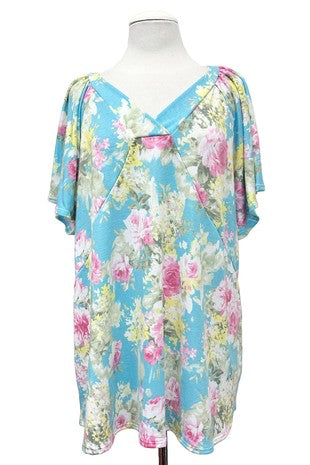 100 PSS {Garden Dreams} Emerald Blue Floral V-Neck Top EXTENDED PLUS SIZE 4X 5X 6X