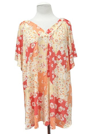 100 PSS {All My Own} Red Orange Floral V-Neck Top EXTENDED PLUS SIZE 4X 5X 6X