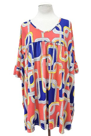 100 PSS {Follow The Fun} Orange Blue Baby Doll Tunic Ruffle Sleeve  EXTENDED PLUS SIZE 4X 5X 6X