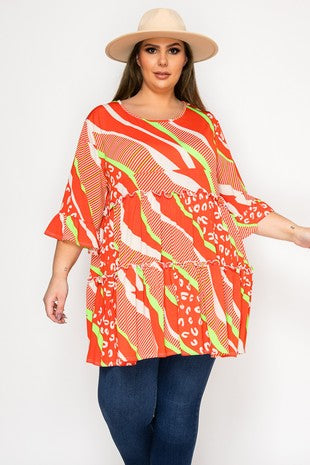 100 PQ {Sweet Summertime} Orange Tiered Tunic  Ruffle Sleeve Round Neck EXTENDED PLUS SIZE 3X 4X 5X