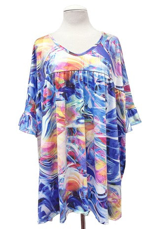 100 PSS {Feeling Breezy} Blue Swirl Baby Doll Tunic Ruffle Sleeve EXTENDED PLUS SIZE 4X 5X 6X