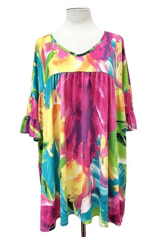 100 PSS {Feeling Free}  Teal Abstract Inverted Baby Doll Tunic Ruffle Sleeve EXTENDED PLUS SIZE 4X 5X 6X