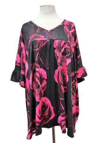 100 PSS {Prize Roses) Magenta Black Inverted Baby Doll Tunic Ruffle Sleeve  EXTENDED PLUS SIZE 1X 2X 3X 4X 5X 6X