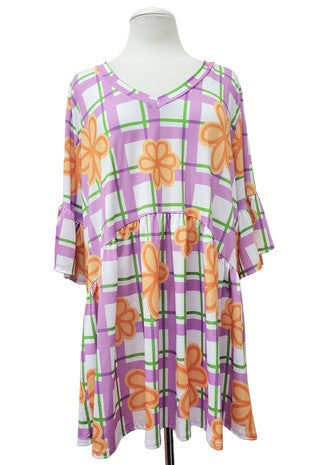 100 PQ {Floral Therapy}  Purple & Orange Baby Doll V Neck Tunic Quarter Length Tulip Sleeve  EXTENDED PLUS SIZE 3X 4X 5X
